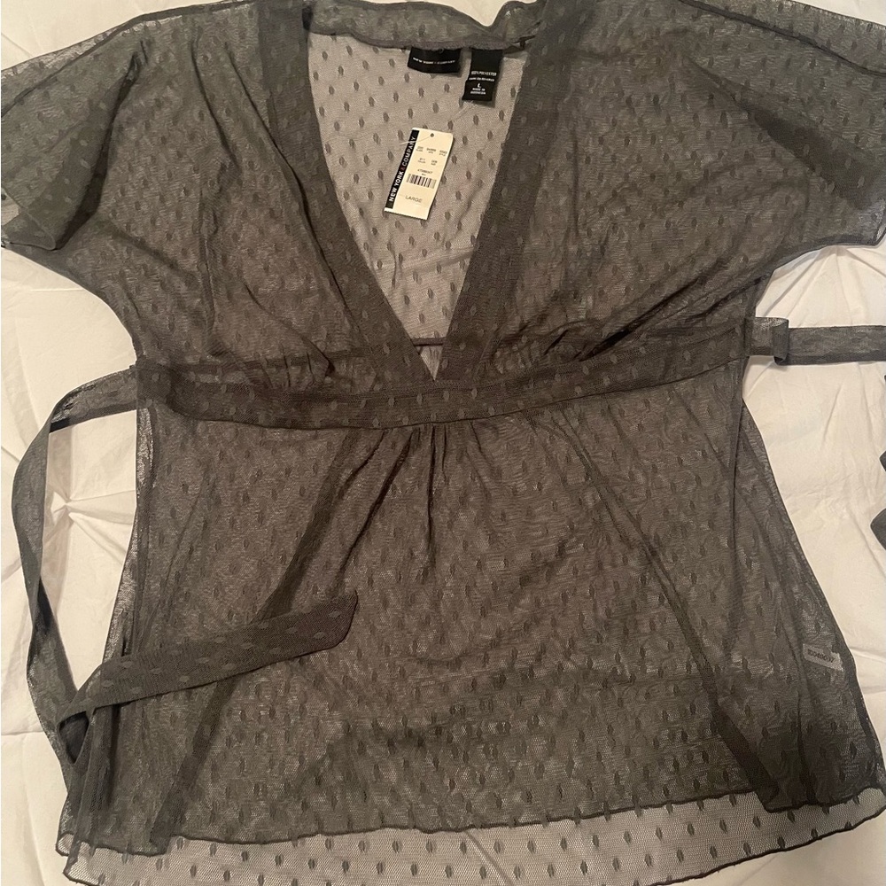 Gray Wrap Blouse with V-Neck and Tie Front